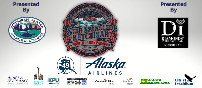 2026 Fourth of July Cover Photo(820 x 360 px) Promotional collage for the Star Spangled Ketchikan Fourth of July Parade, showing sponsor logos around a central badge and Alaska Airlines branding.